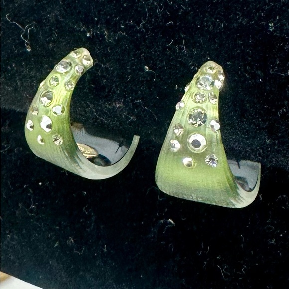 ALEXIS BITTAR  Army Olive Green Rhinestone Crystal Studded Lucite Hoop Earrings - Picture 4 of 10